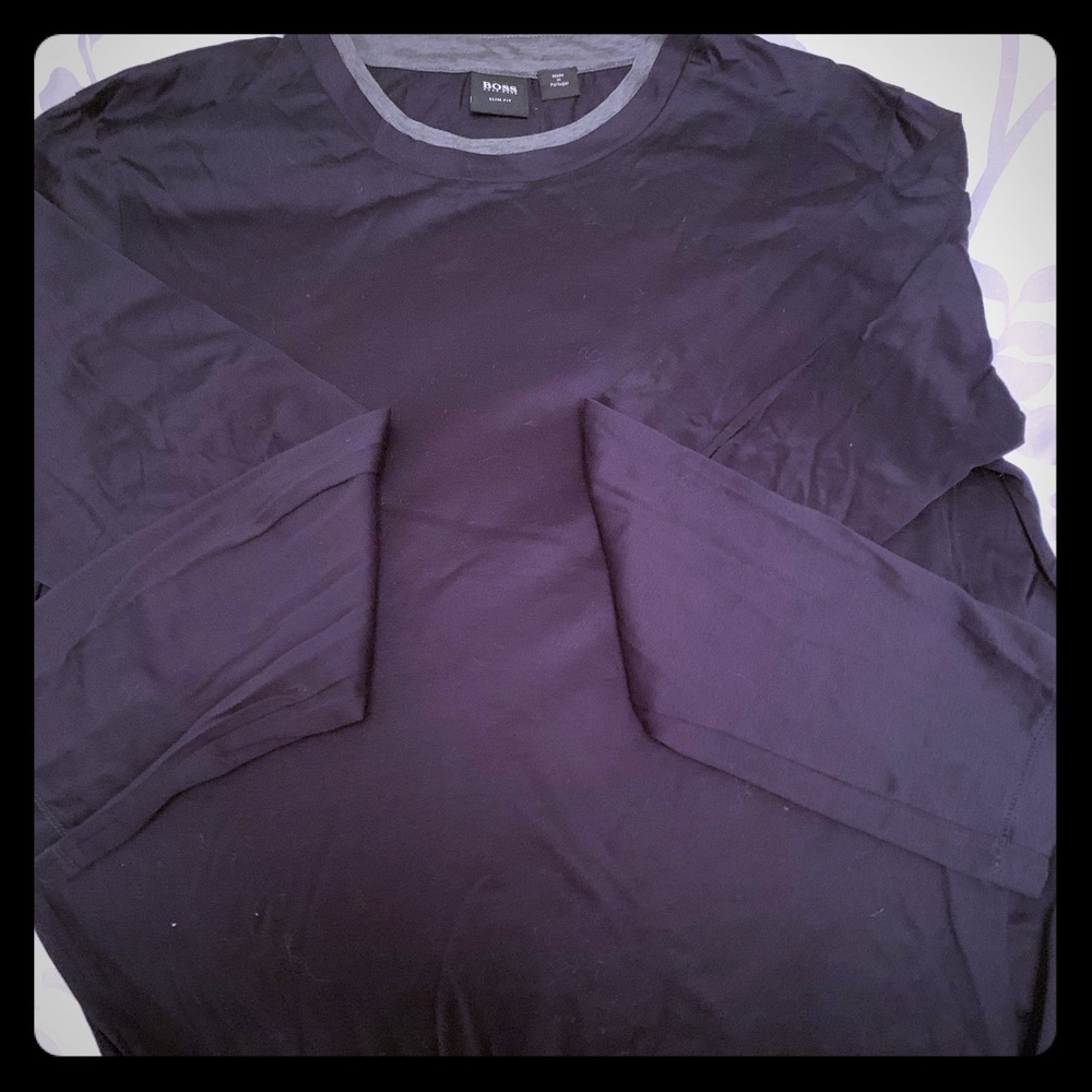 Black with grey around neck long sleeve tee.